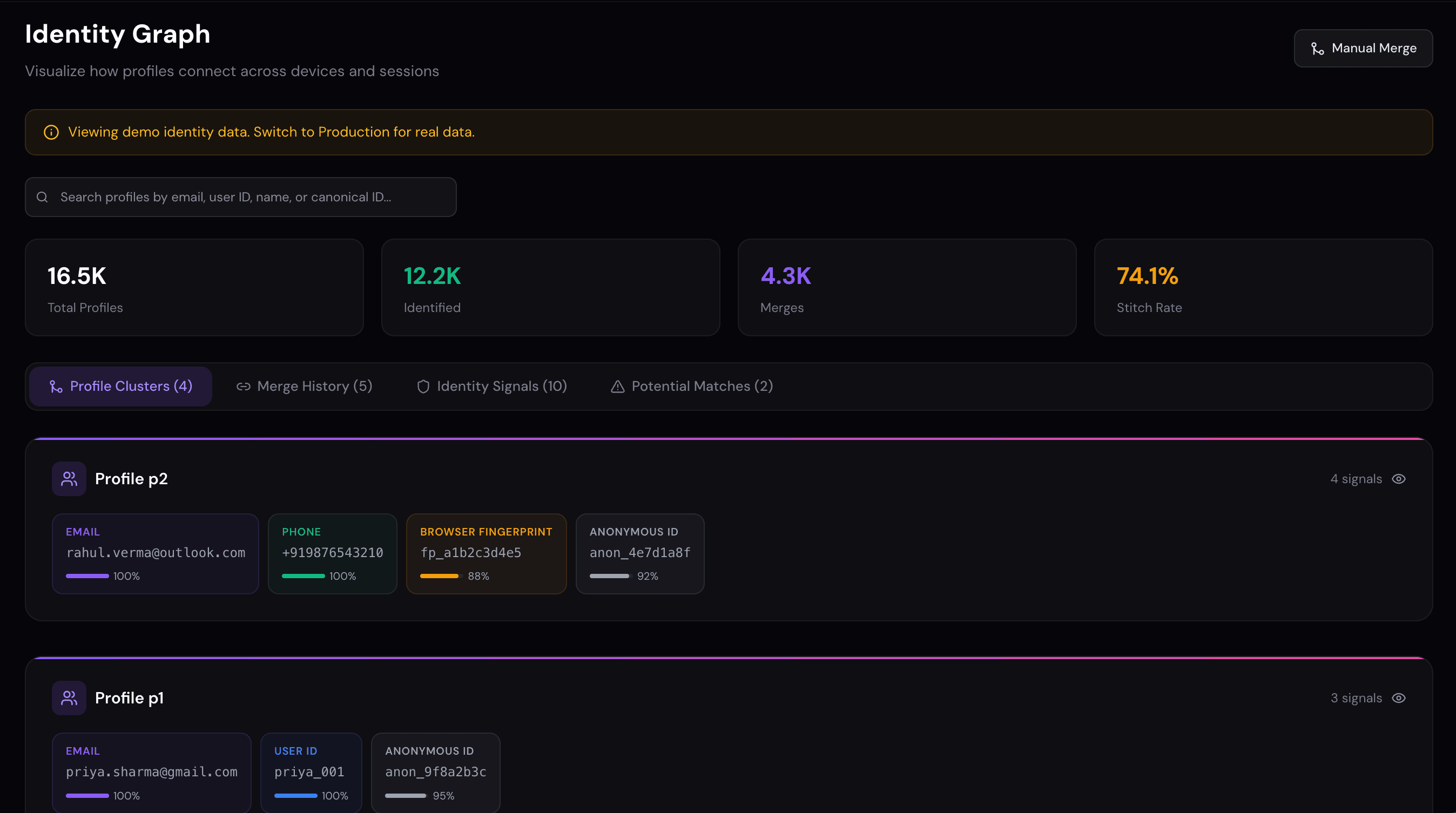 Identify — Identity graph: UMAP360 dashboard demo view