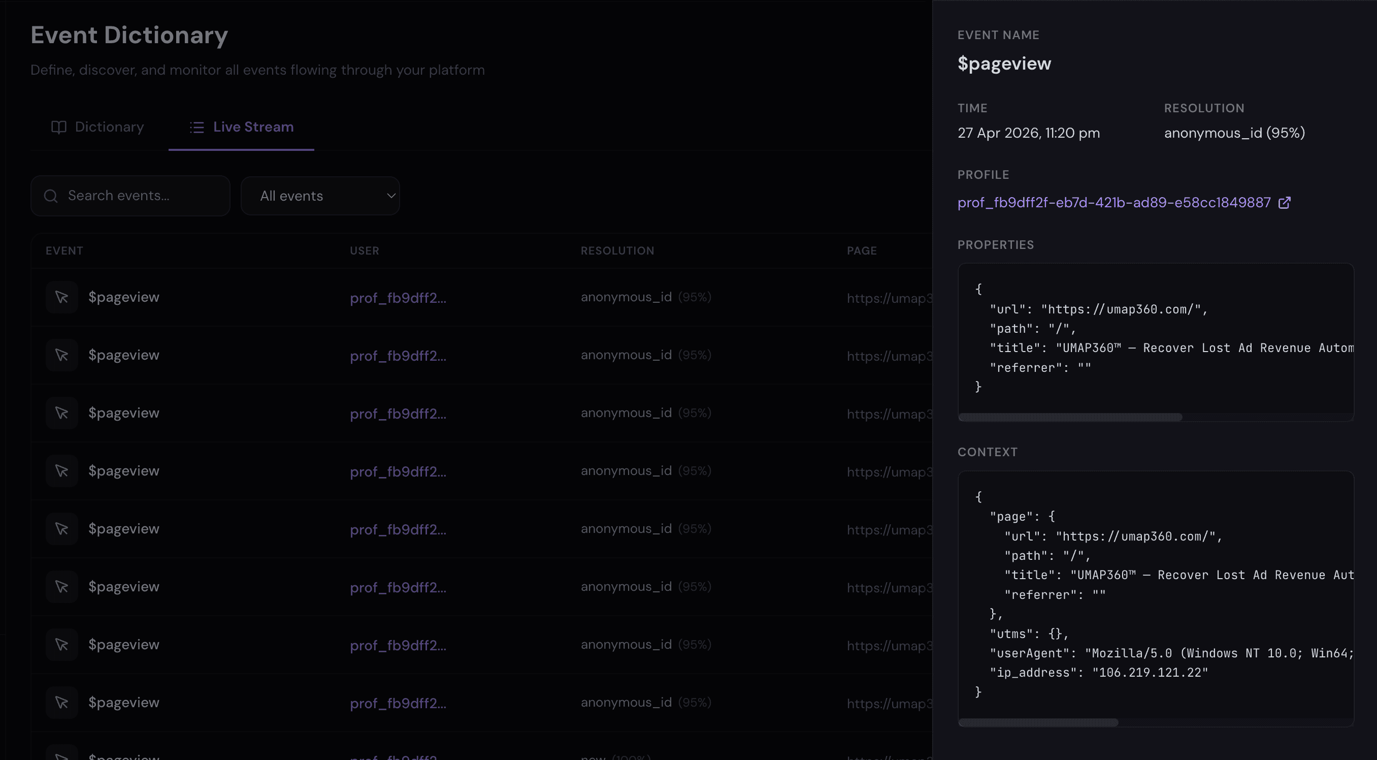 Track — Event ingestion: UMAP360 dashboard demo view